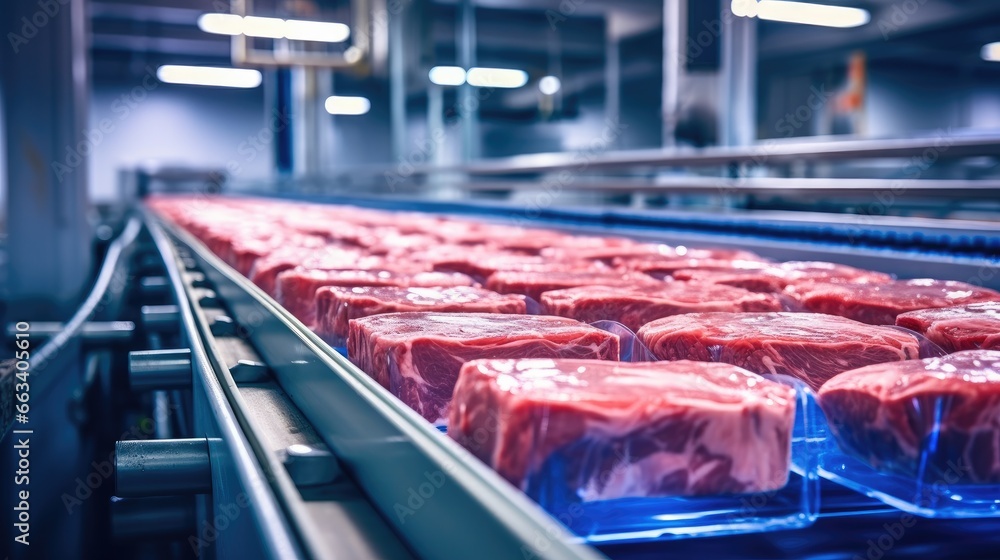 Raw meat cuts on a industrial conveyor belt, Meat processing in food industry.