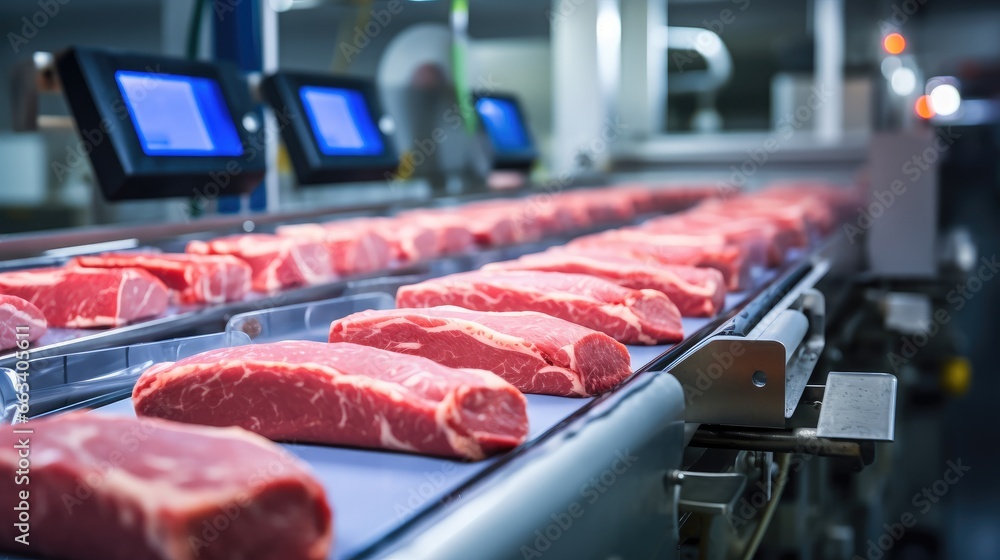 Raw meat cuts on a industrial conveyor belt, Meat processing in food industry.