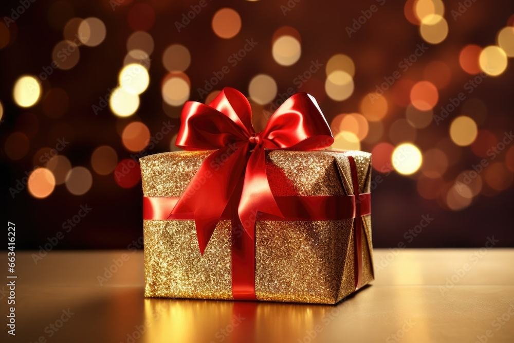  a gold gift box with a red bow on a table.  generative ai