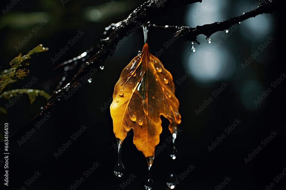  a yellow leaf hanging from a tree branch with drops of water on it.  generative ai