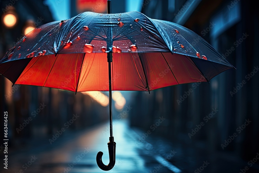  a red umbrella with rain drops on it is in the dark.  generative ai