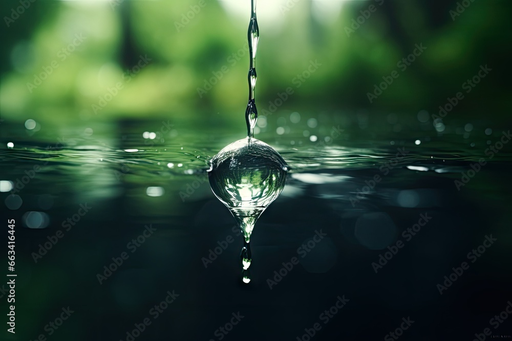  a drop of water that is floating in the water with trees in the background.  generative ai