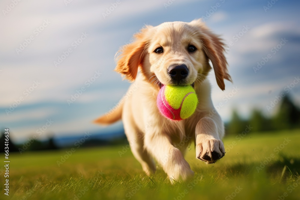  a dog running with a ball in its mouth in a field.  generative ai