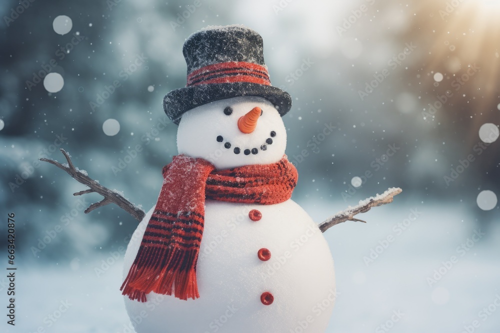  a snowman wearing a red scarf and a black hat.  generative ai