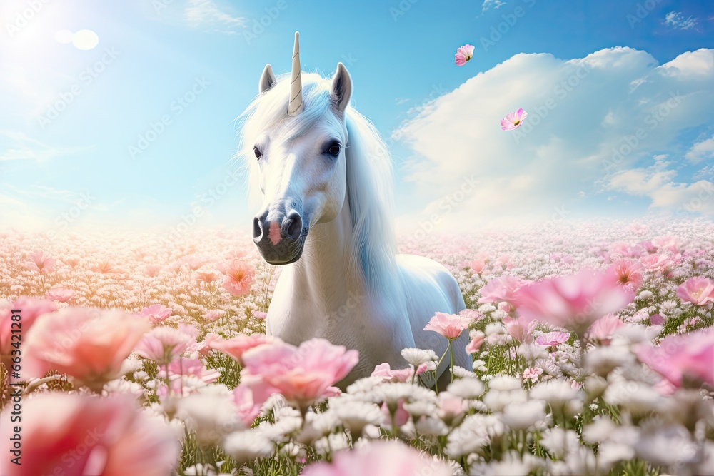  a white horse standing in a field of pink and white flowers.  generative ai