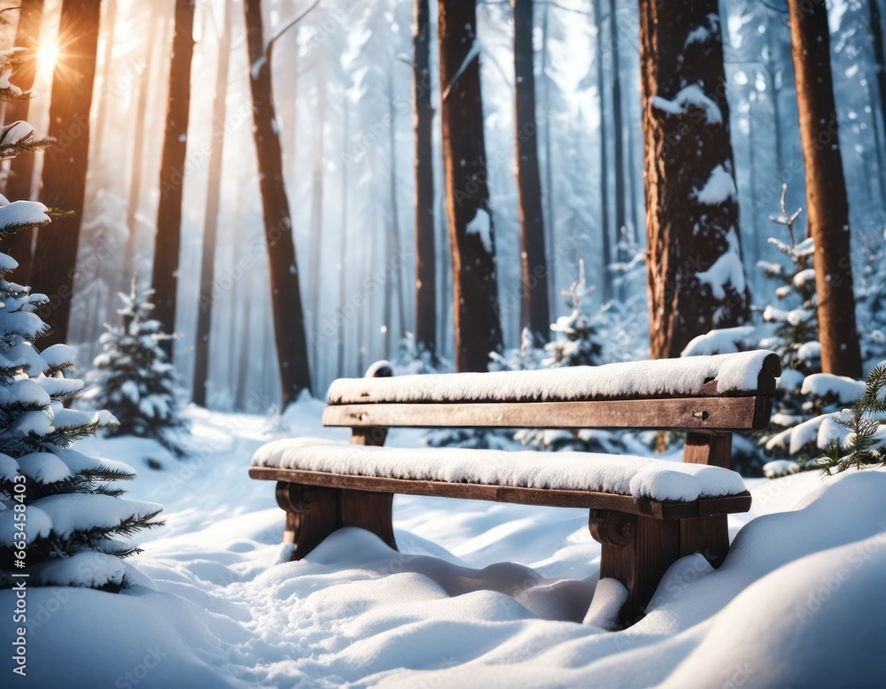 Wooden bench covered by heavy snow in the winter forest. Beautiful calm serenity nature. The sun shines between the tree trunks in early spring. Christmas greeting card