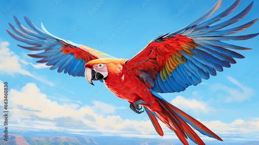  a painting of a colorful parrot flying through the air with its wings spread.  generative ai