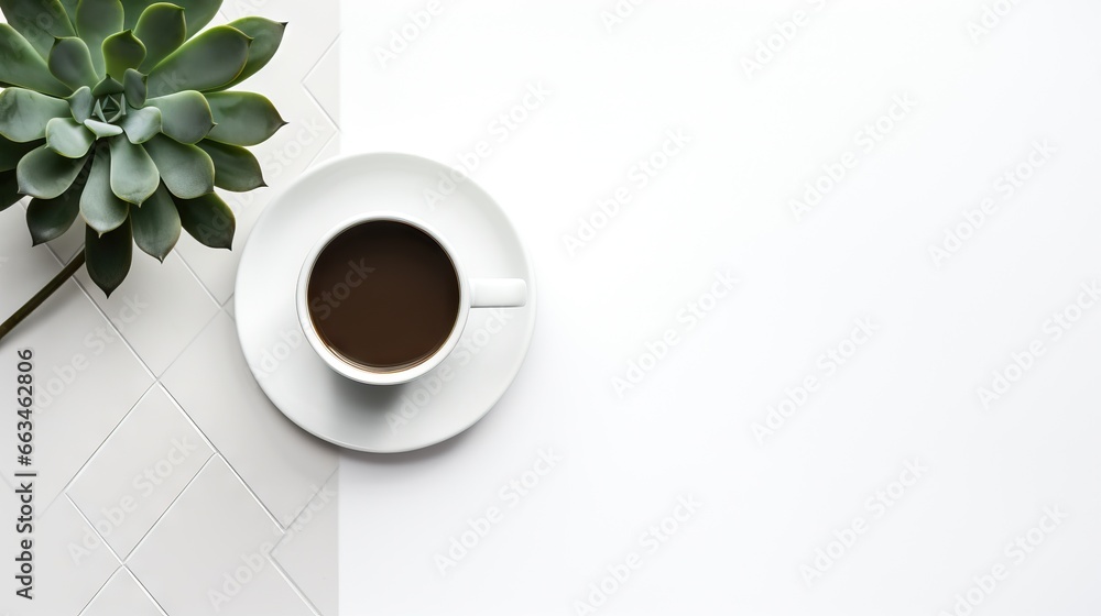  a cup of coffee next to a plant on a white table.  generative ai