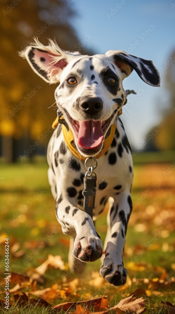 A playful Dalmatian running in a field with a yellow leash