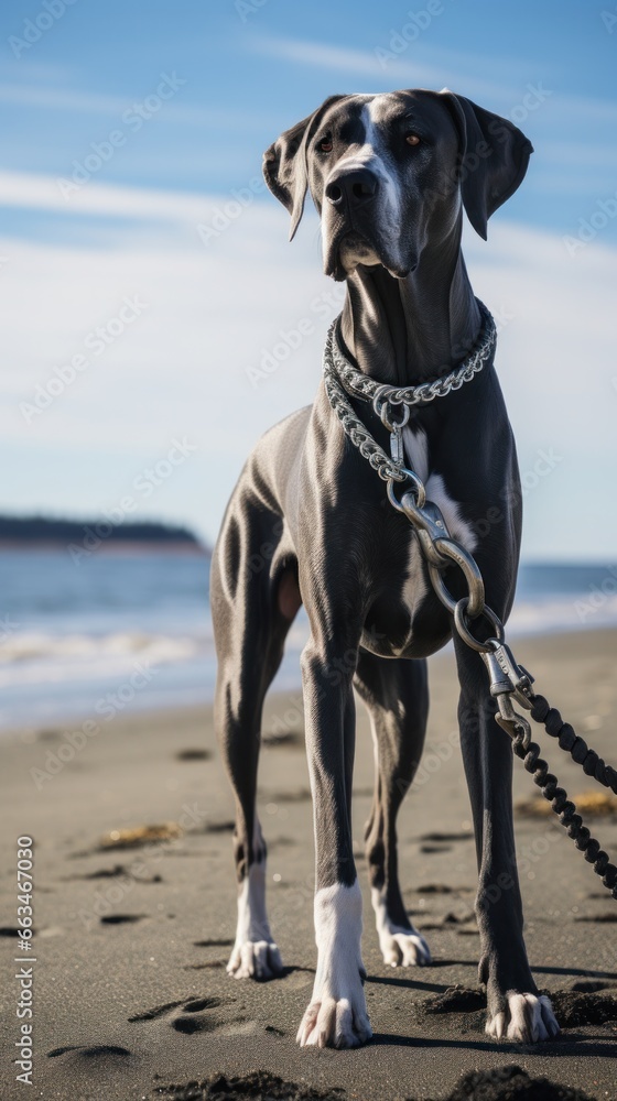 A majestic Great Dane standing on a beach with a black leash