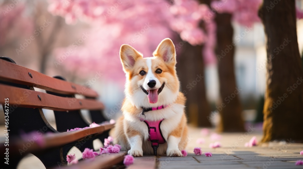 A cute Corgi sitting on a park bench with a pink leash