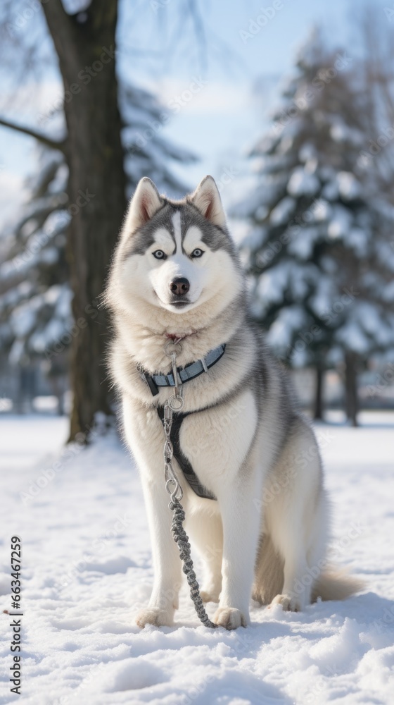 A regal Husky standing in a snow-covered park with a white leash