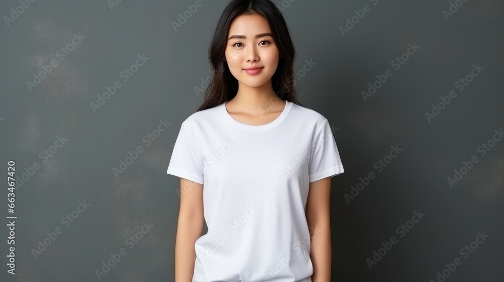 A joyful man stands with his hands in his pockets, wearing a white mock up t shirt.