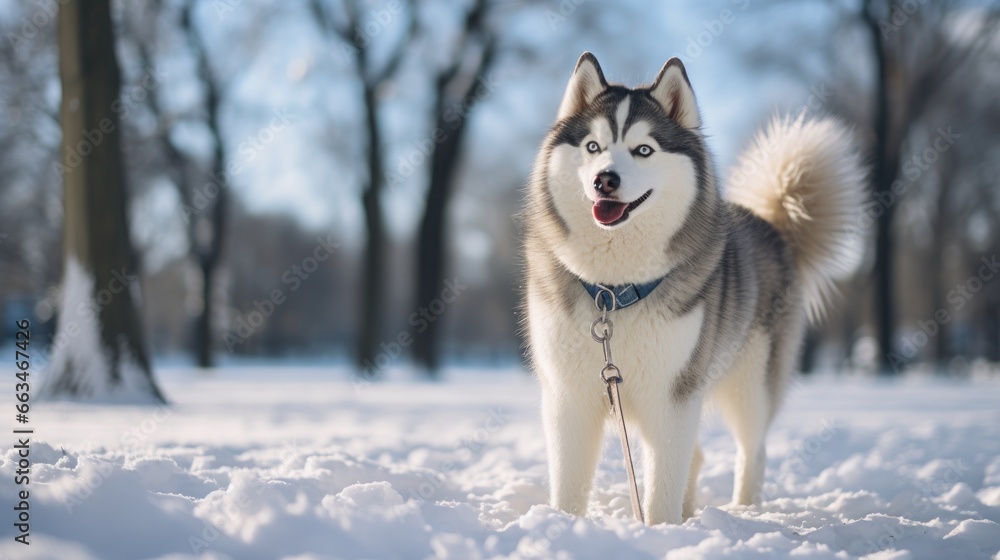 A regal Husky standing in a snow-covered park with a white leash