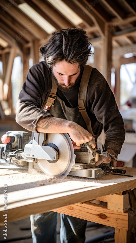 Carpenter cutting wood with a circular