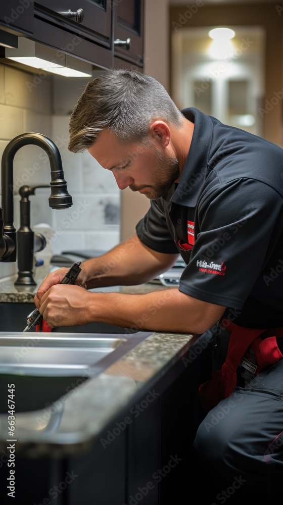 Plumber fixing a leaky faucet in a kitchen sink