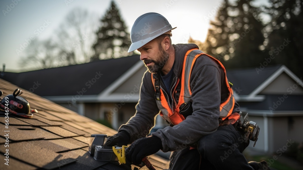 Roofing contractor repairing shingles on a house