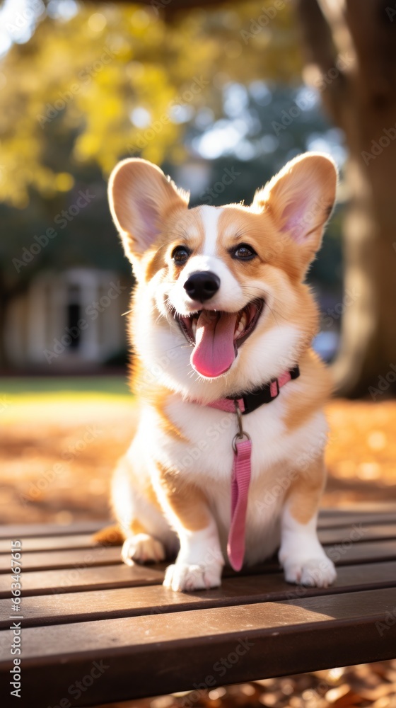 A cute Corgi sitting on a park bench with a pink leash