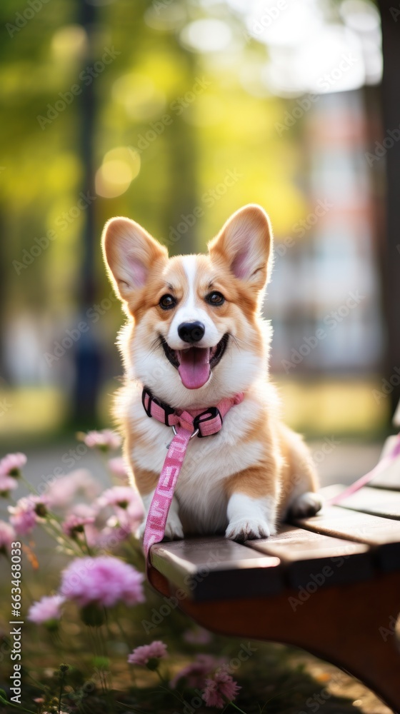 A cute Corgi sitting on a park bench with a pink leash