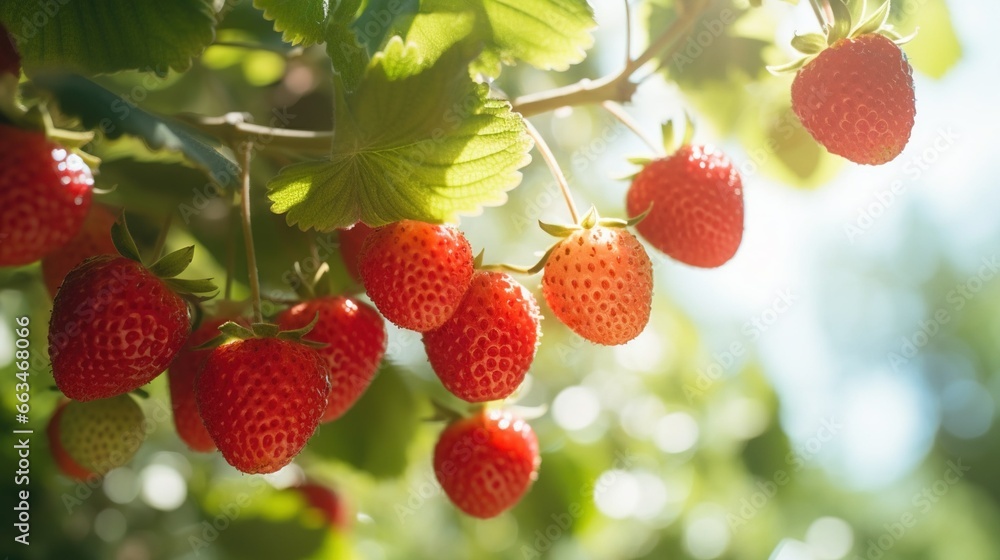 Strawberries grow on a tree on a sunny day. Created with Generative Ai technology.