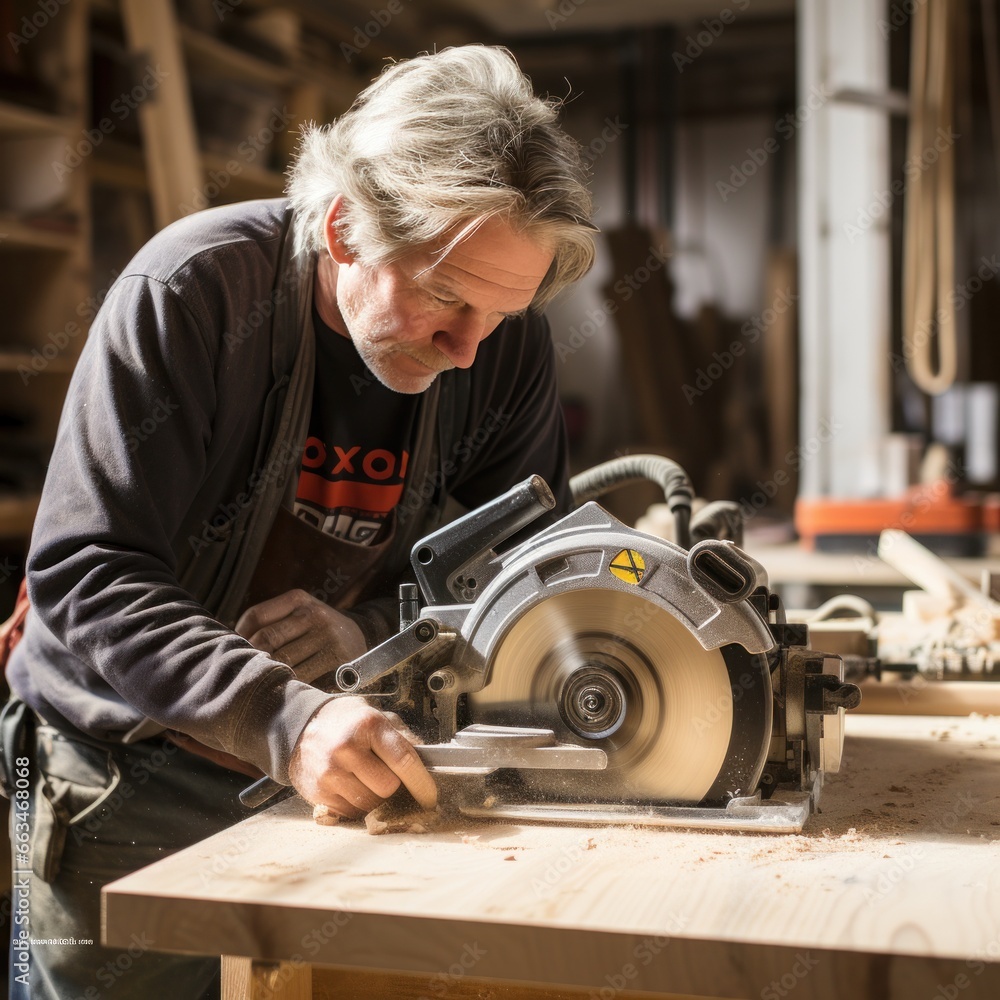 Carpenter cutting wood with a circular