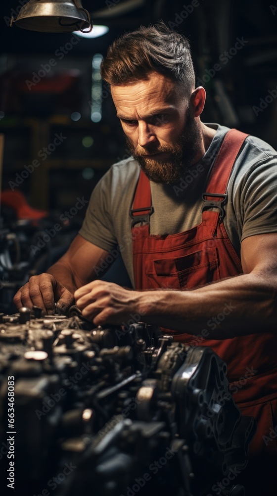 Mechanic repairing a car engine in a garage