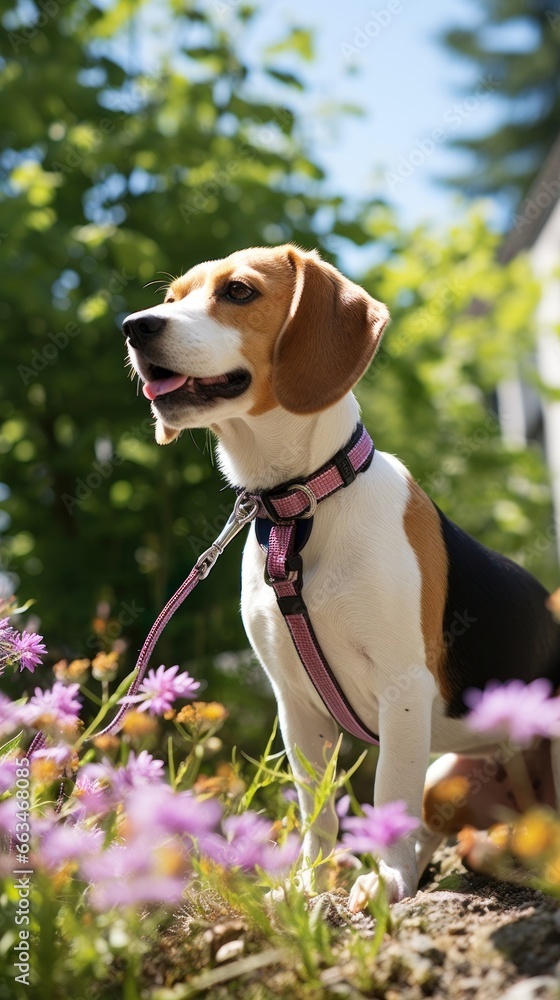 A curious Beagle sniffing flowers in a garden with a purple leash