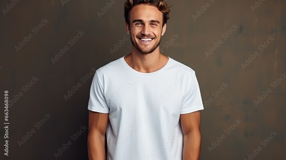 A joyful man stands with his hands in his pockets, wearing a white mock up t shirt.