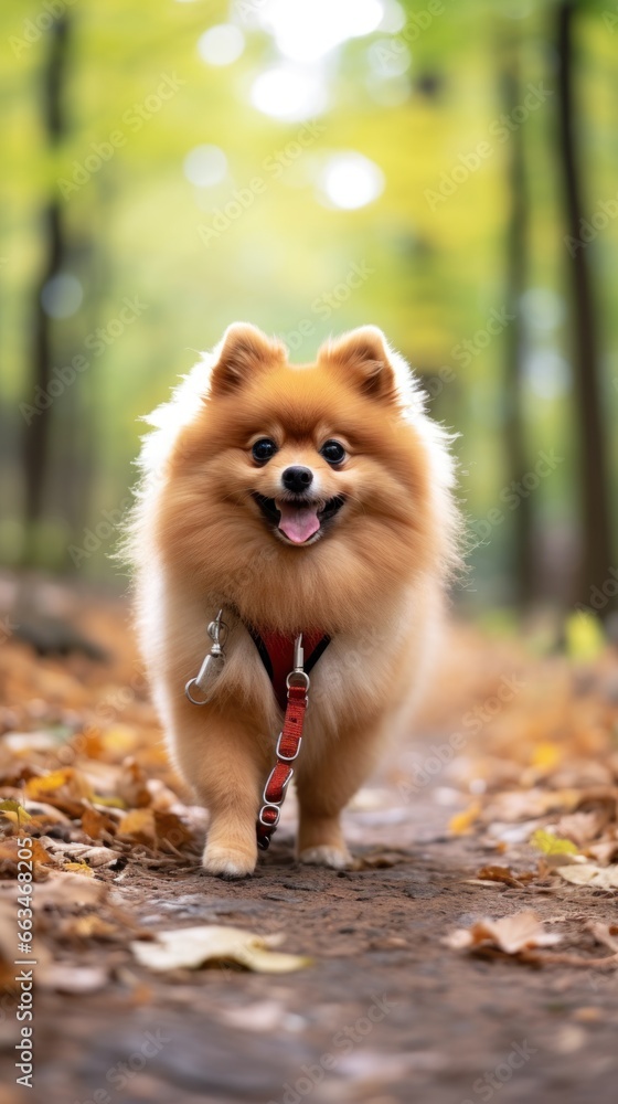 A fluffy Pomeranian walking on a forest trail with a green leash