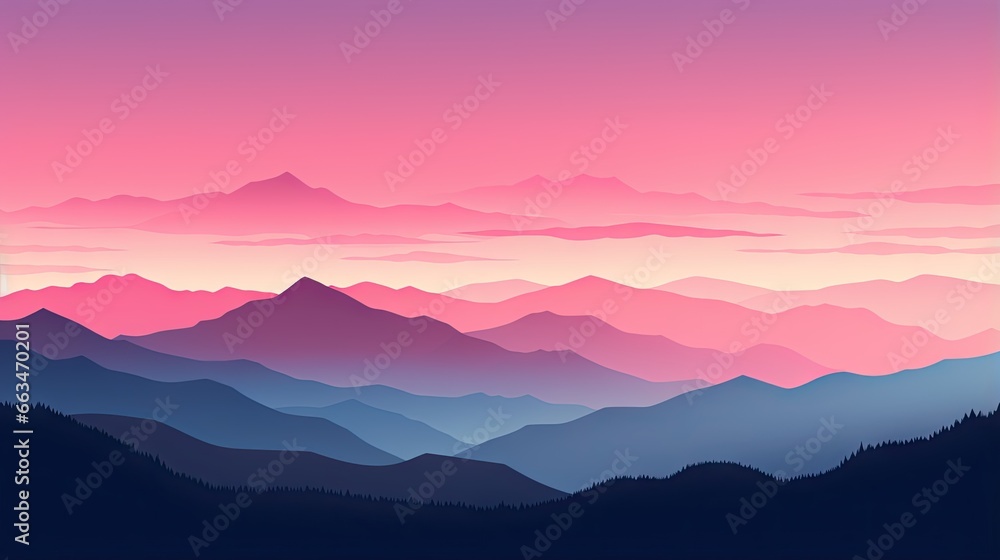  a pink and blue sky with mountains in the background and a pink sky.  generative ai