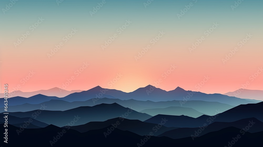  a view of a mountain range with a sunset in the background.  generative ai