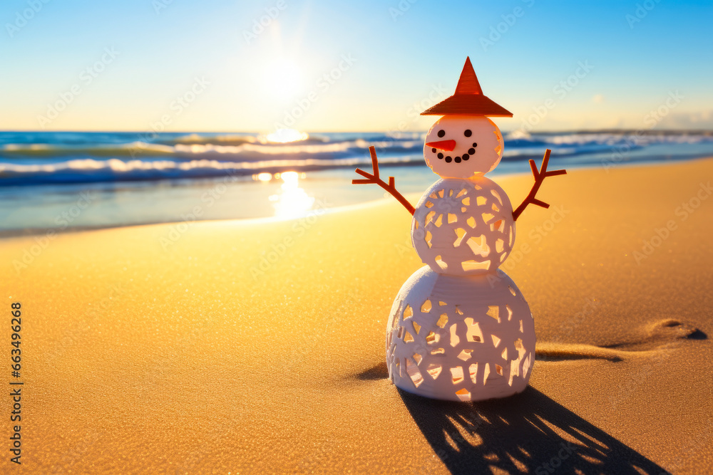 Snowman made out of plastic ball on the beach.