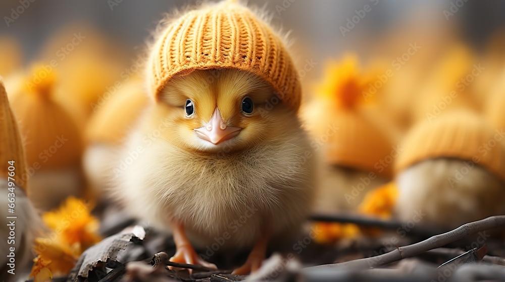  a small yellow duck wearing a knitted hat in a group of little yellow chicks.  generative ai