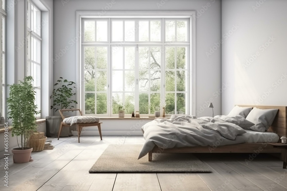 Minimal bedroom with spacious windows and garden view, featuring simple furniture and a neatly arranged bed. Generative AI