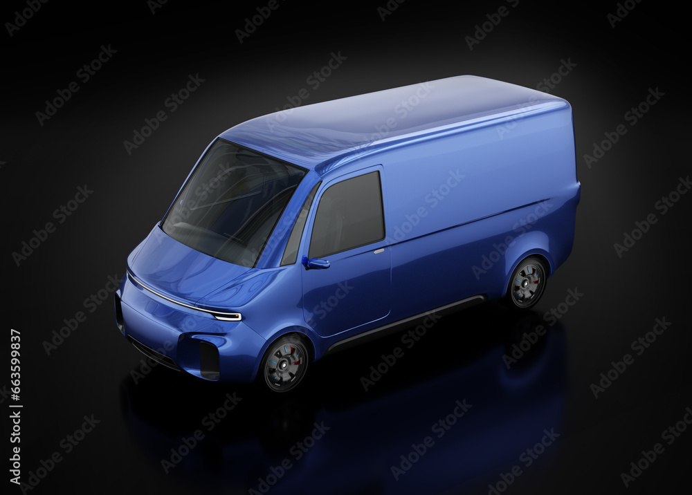 Blue electric powered delivery van on black background. Generic design. 3D rendering image.