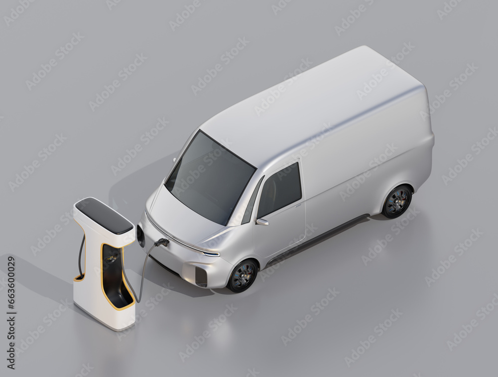 Isometric view of Electric Delivery Van charging in charging station. Generic design. 3D rendering image.