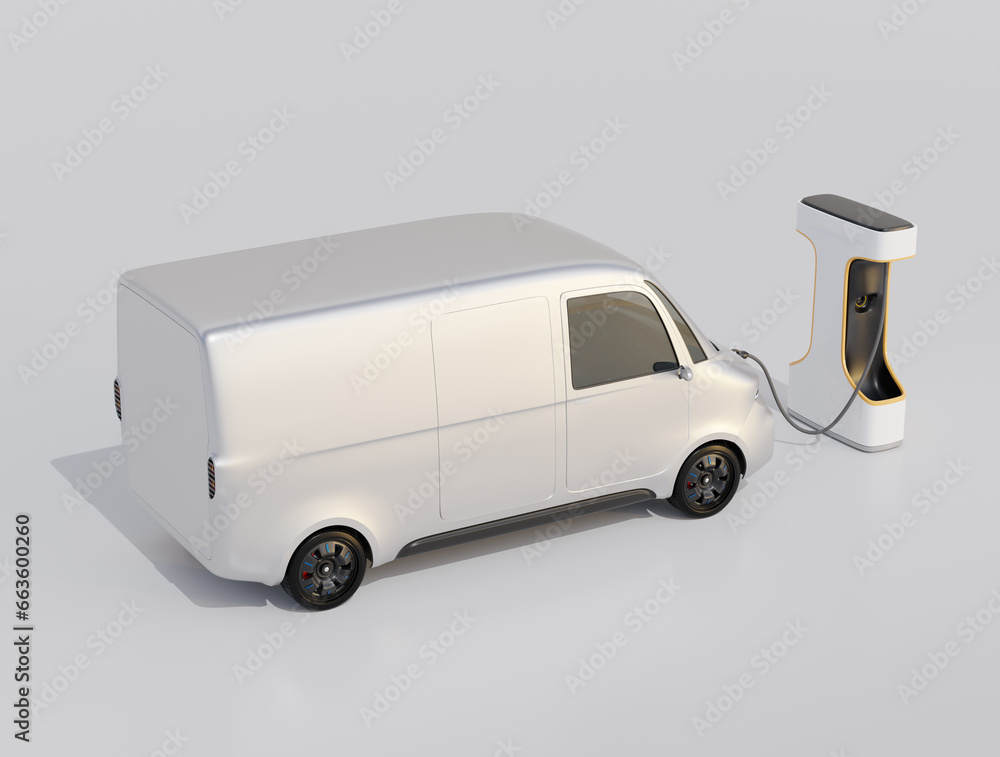 Rear view of Electric Delivery Van charging in charging station. Generic design. 3D rendering image.