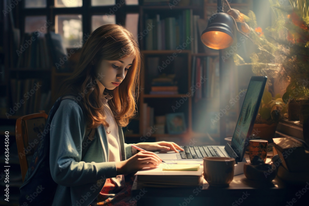 girl diligently doing her homework at a table