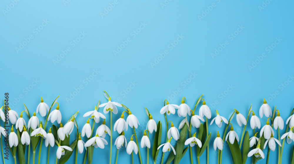 Two row line of first spring snowdrop flowers on blue wall