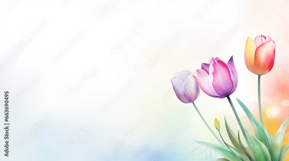 Soft Colorful Watercolor Tulip with Ink Effect on the Minimalist Background, Copy Space 