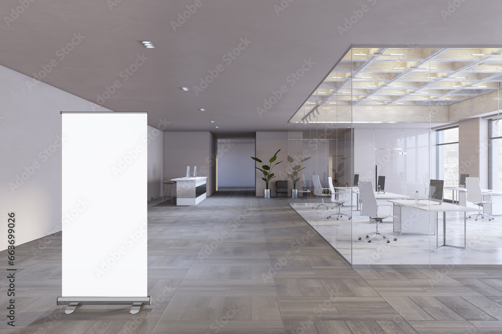 Modern spacious coworking office interior with empty white mock up frame, glass partition, panoramic windows and city view, furniture and daylight. 3D Rendering.