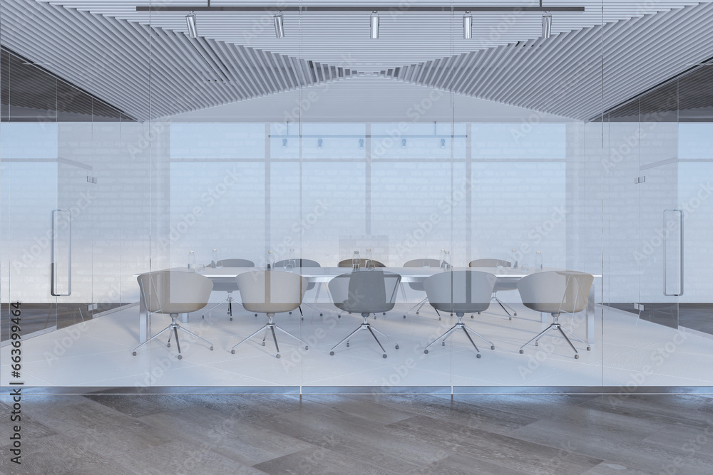 Modern glass meeting room interior with furniture. 3D Rendering.