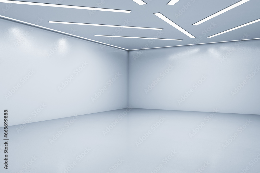 New exhibition hall interior with empty mock up place on white wall. 3D Rendering.