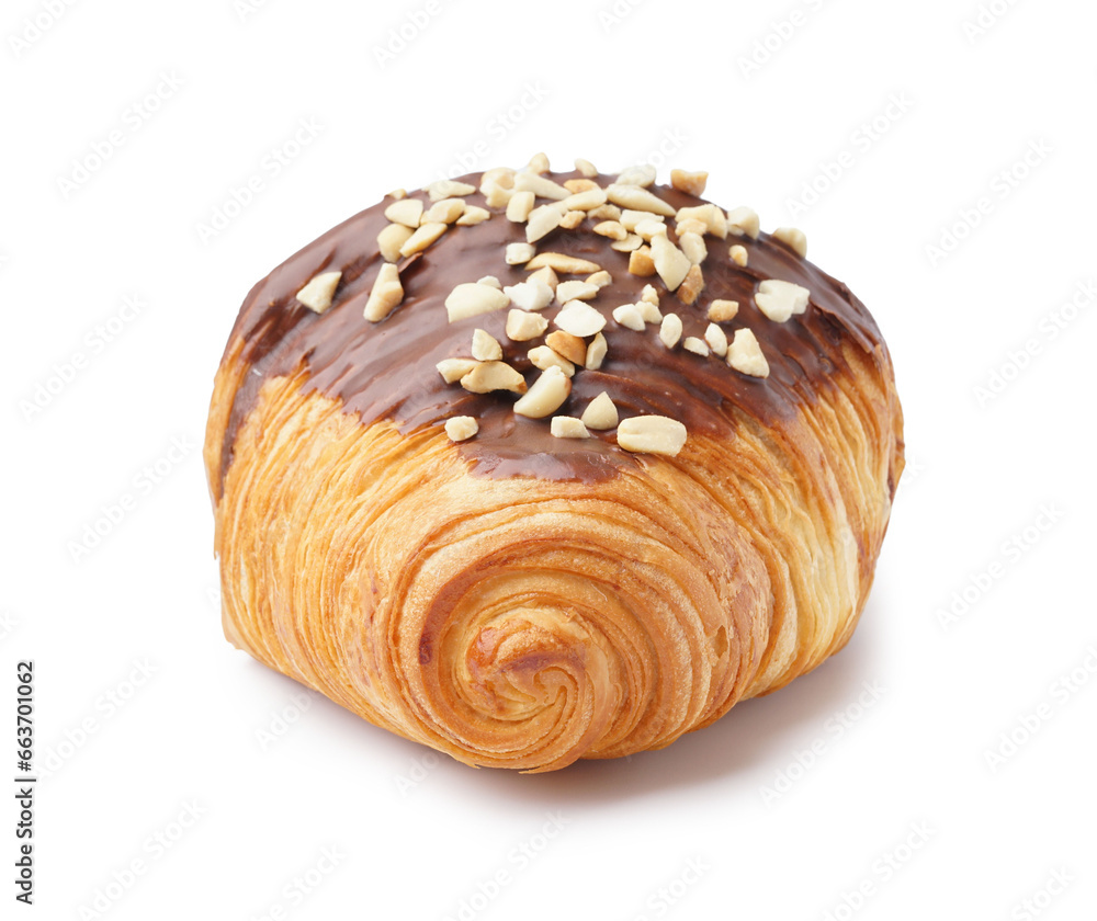 Tasty sweet croissant with chocolate and nuts isolated on white background