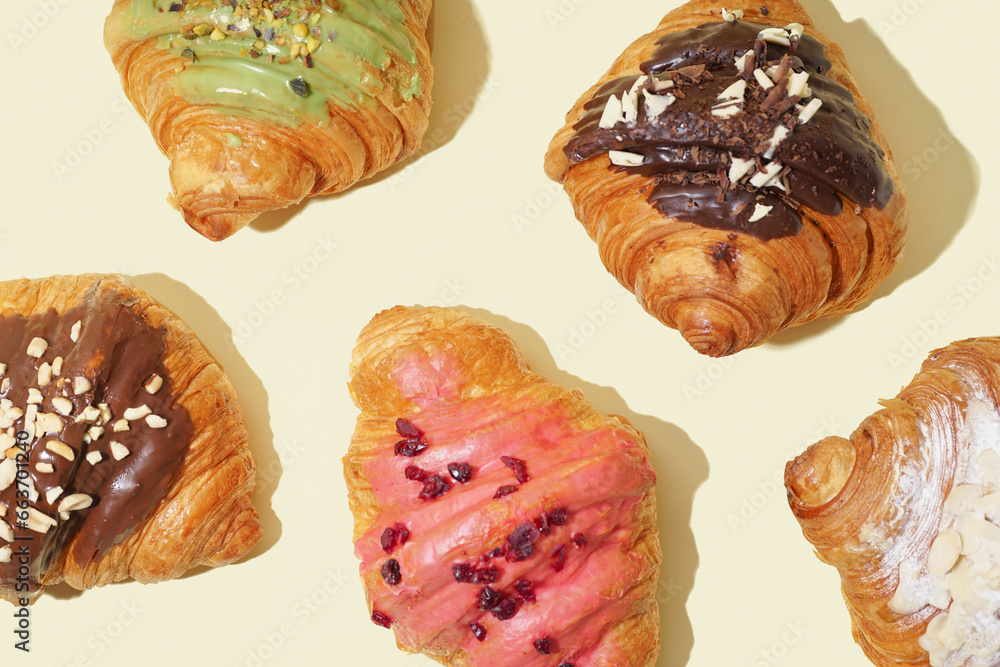 Different sweet croissants on light background