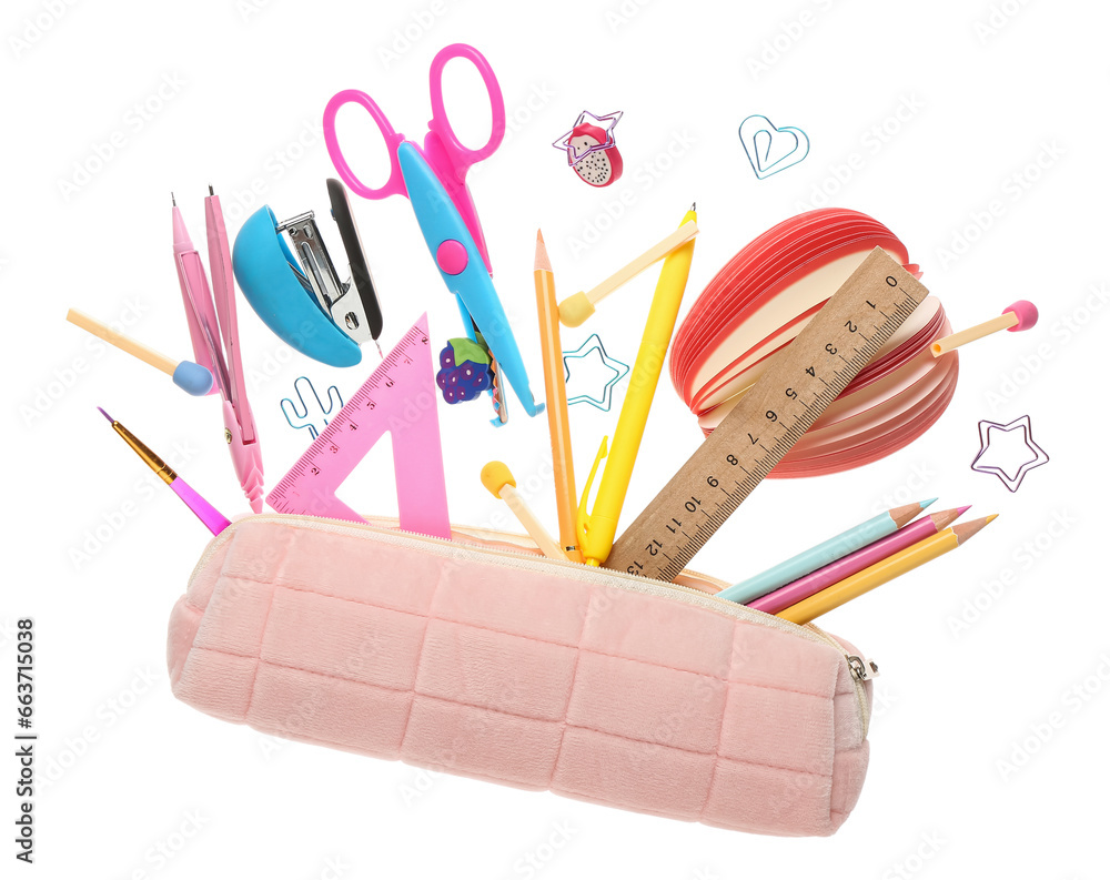 Flying pencil case with stationery on white background