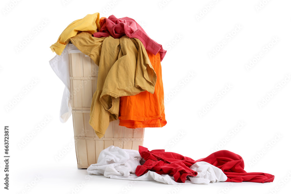 Basket with dirty laundry on white background