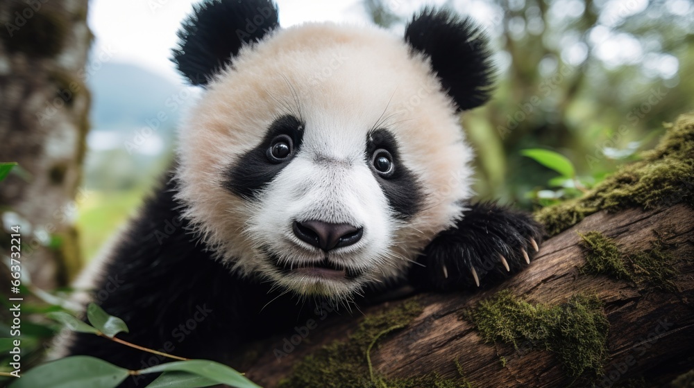 Close-up of a pandas face with adorable black and white