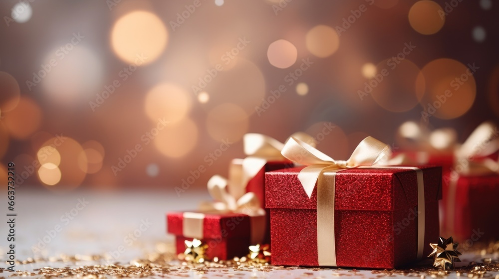 Christmas red gift boxes with gold bow on defocused holiday background with copy space