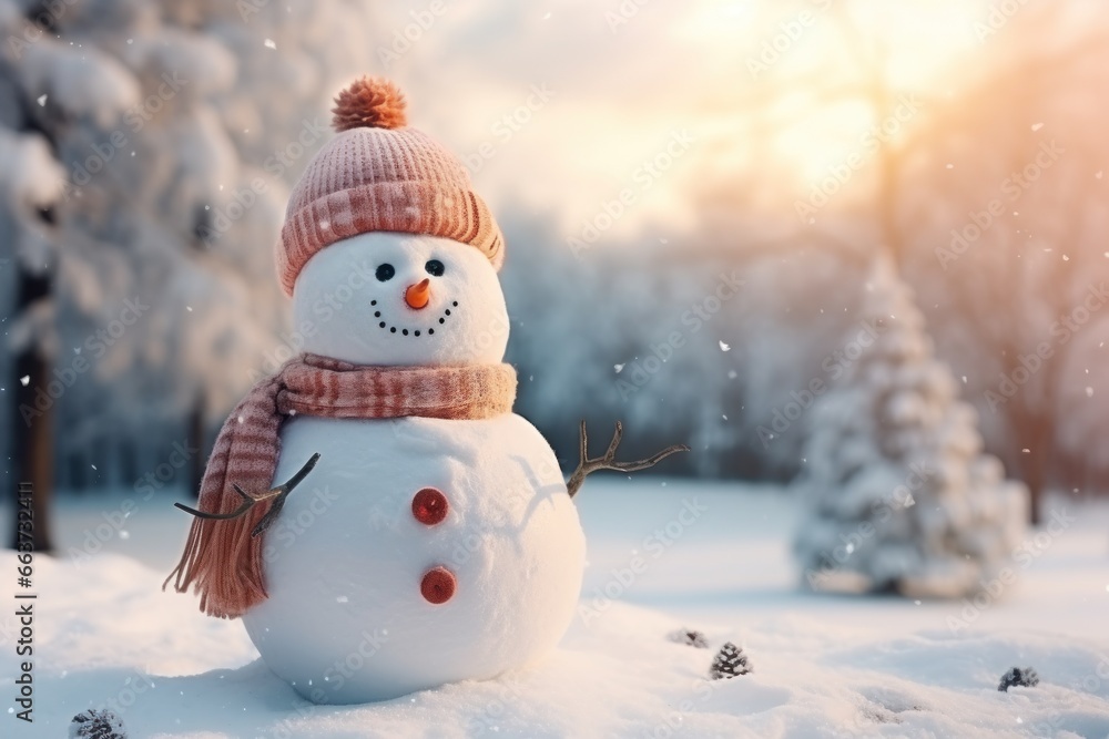 colorful snowman in a white hat and scarf sitting in front of a snowy forest in winter